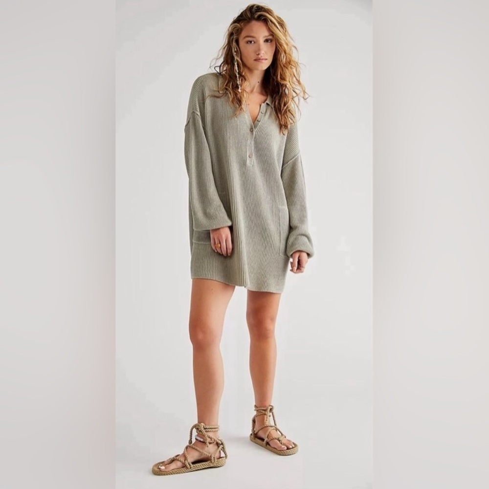 Free People Beach Sage Long Sleeve Ribbed Sweater Dress Relaxed Casual Size XL